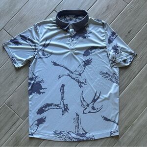 Swannies Golf Shirt Polo Austin Bird Print Medium Blue Gray Polyester